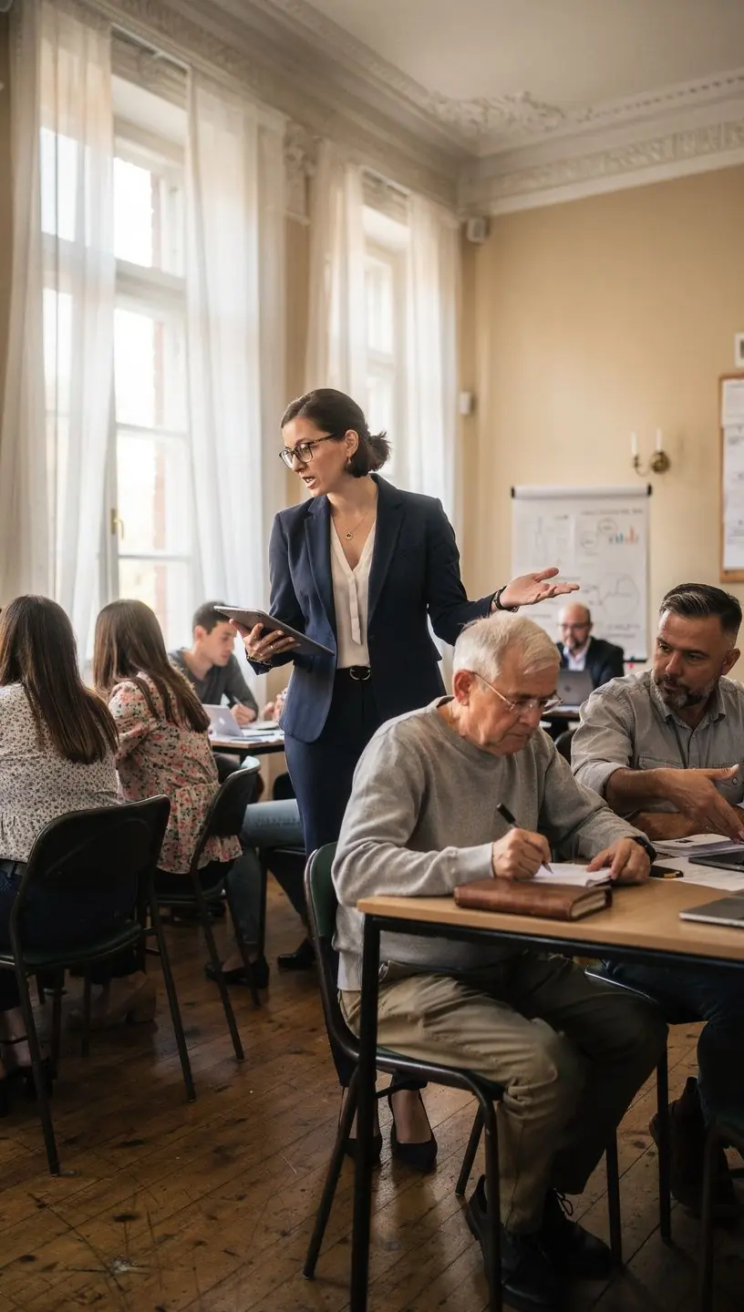 Ilustracja przedstawiająca osobę uczestniczącą w wykładzie o podstawach finansów osobistych z notatnikiem i laptopem.